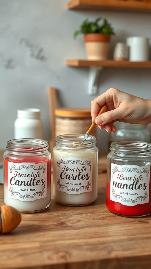 Uma mão aplicando uma etiqueta decorativa em uma vela de vidro sobre uma superfície de madeira.