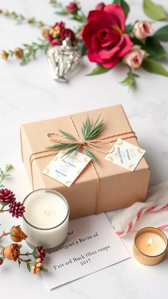 Uma caixa de presente lindamente embrulhada com uma vela de soja, flores e elementos decorativos.