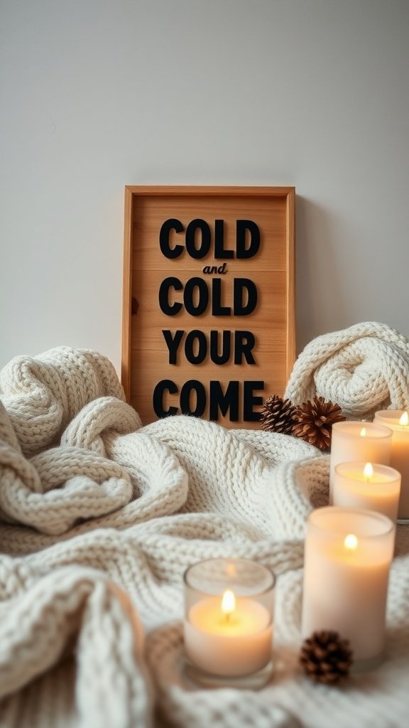 Um ambiente aconchegante com velas, cobertores de tricô e uma placa sobre manta fria e quente.