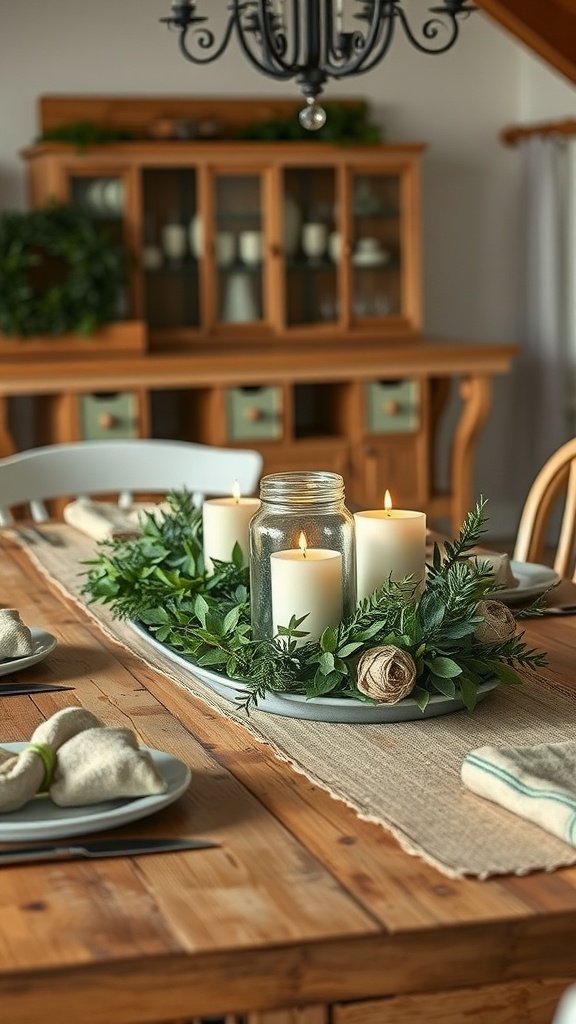 Um centro de mesa rústico com velas de fazenda, cercado por vegetação sobre uma mesa de madeira.