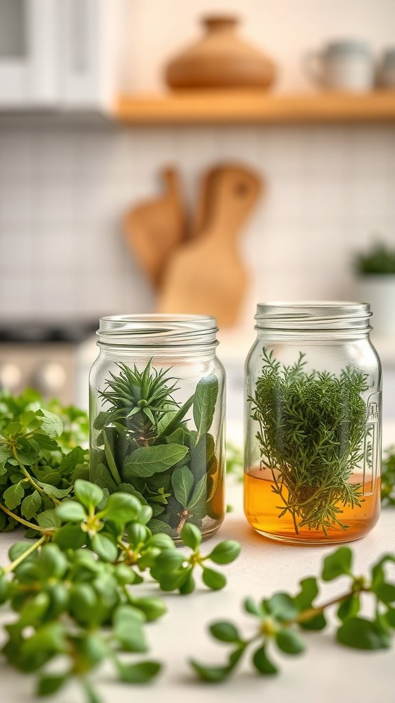 Dois potes de vidro cheios de ervas frescas e óleo, exibindo potes de velas com infusão de ervas.