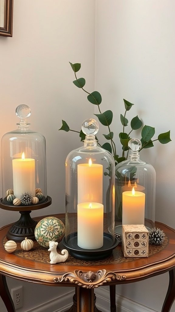 Potes de velas expostos sob campânulas de vidro sobre uma mesa de madeira com itens decorativos.