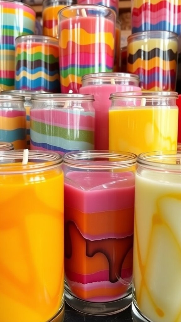 Velas de cera coloridas em camadas em vários tons e padrões