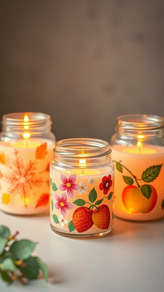 Três potes de velas com designs sazonais: um com flocos de neve, um com flores e frutas e um com um design de maçã.