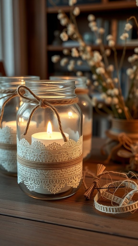 Potes de velas decorados com renda e barbante vintage, criando uma atmosfera acolhedora e convidativa.