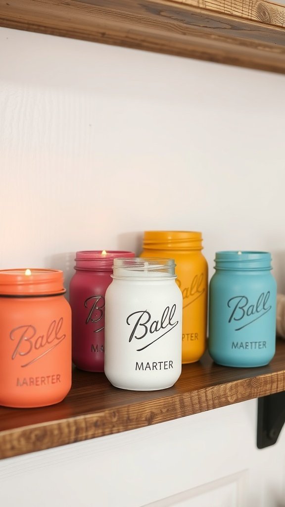 Velas coloridas em potes de vidro pintados em uma prateleira de madeira