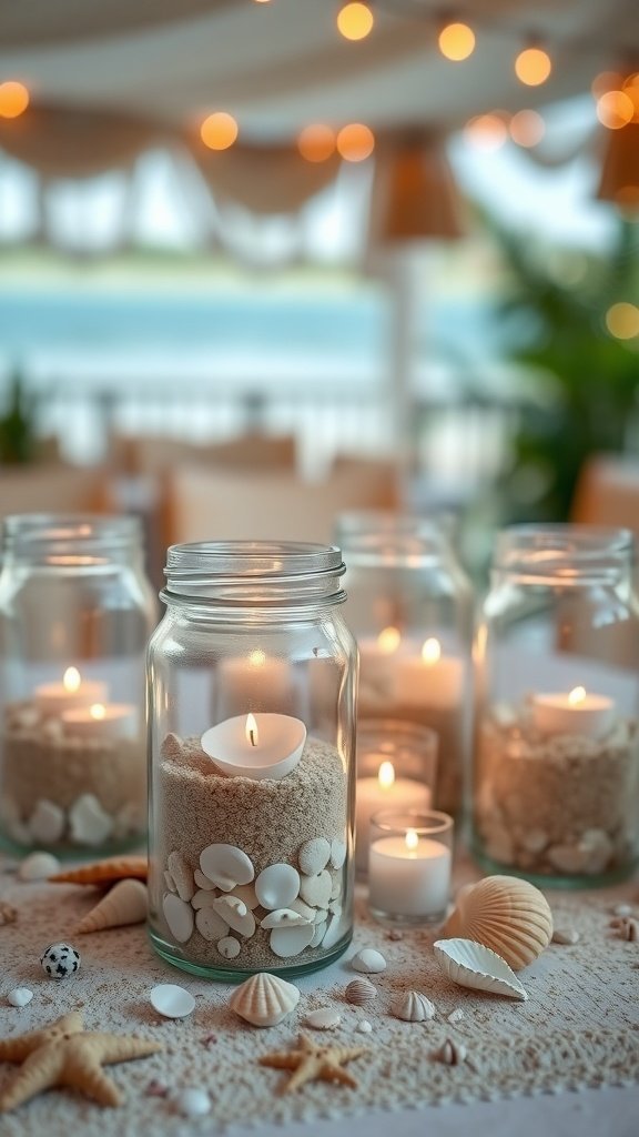 Potes de velas inspirados na praia com areia e conchas, criando um ambiente aconchegante