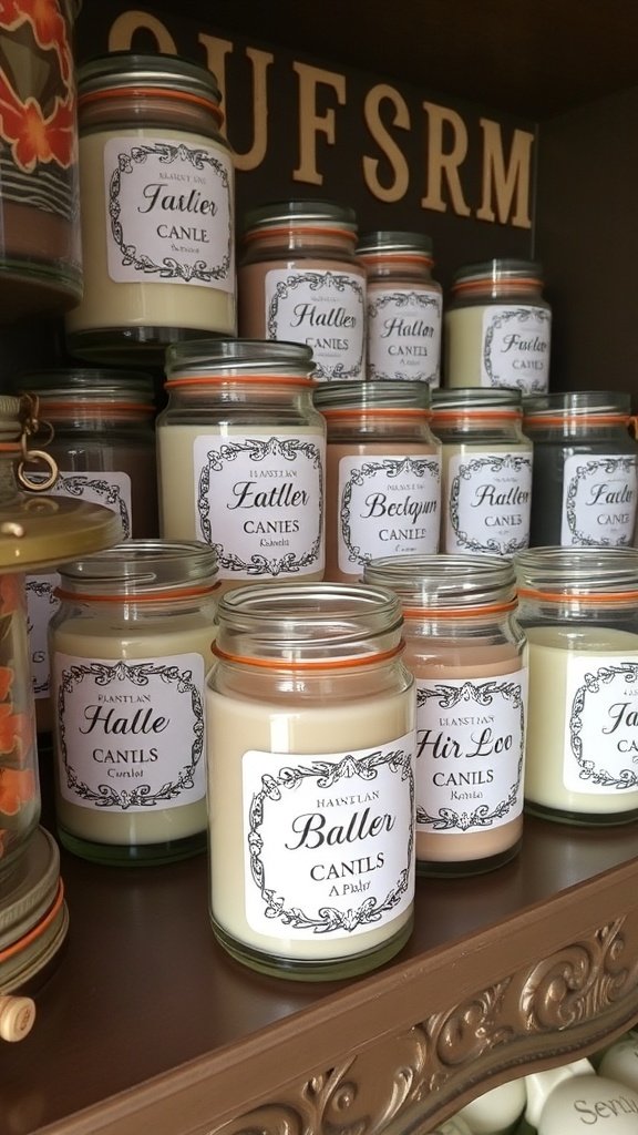 Uma exposição de potes de velas com rótulos personalizados em uma prateleira.
