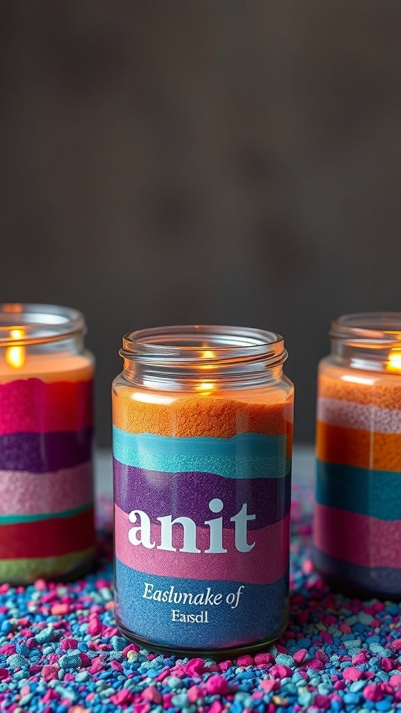 Areia colorida em camadas em potes de vidro com velas acesas