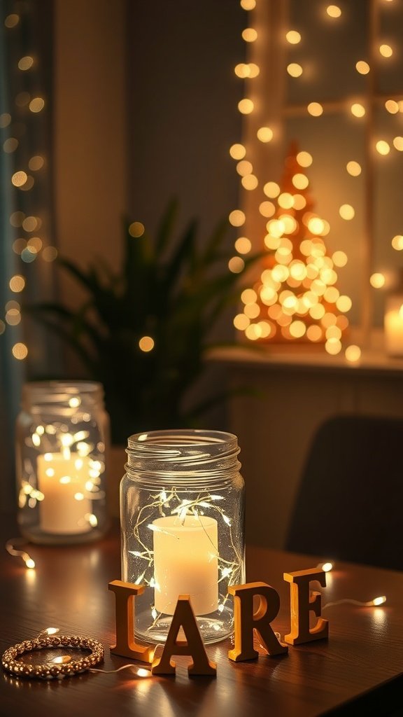Potes de velas com luzes de fada criando uma atmosfera aconchegante