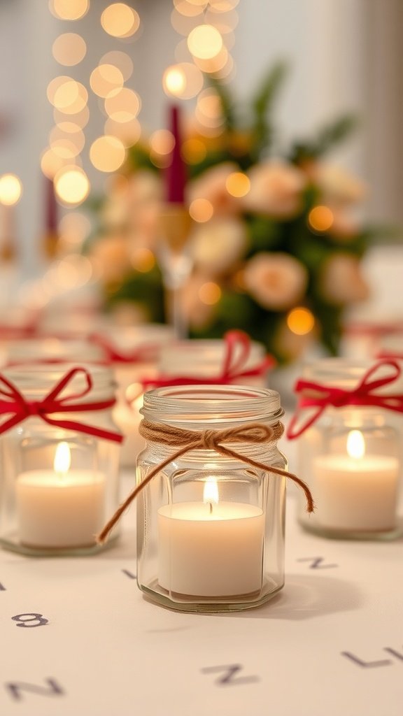 Potes de velas decorados com barbante e fitas vermelhas, colocados sobre uma mesa com iluminação suave e arranjos florais.
