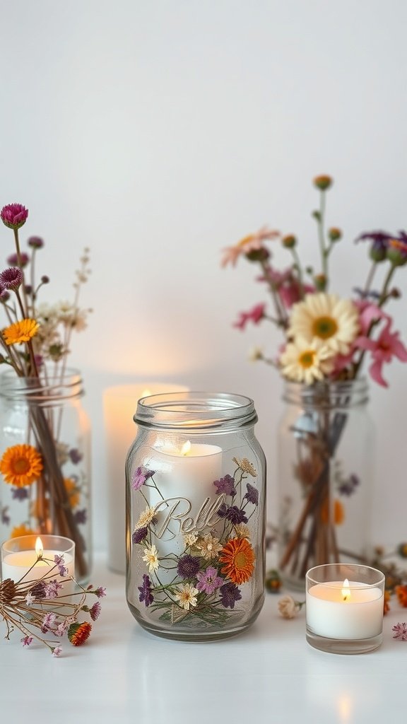 Potes de velas cheios de flores secas, uma ideia de decoração aconchegante.