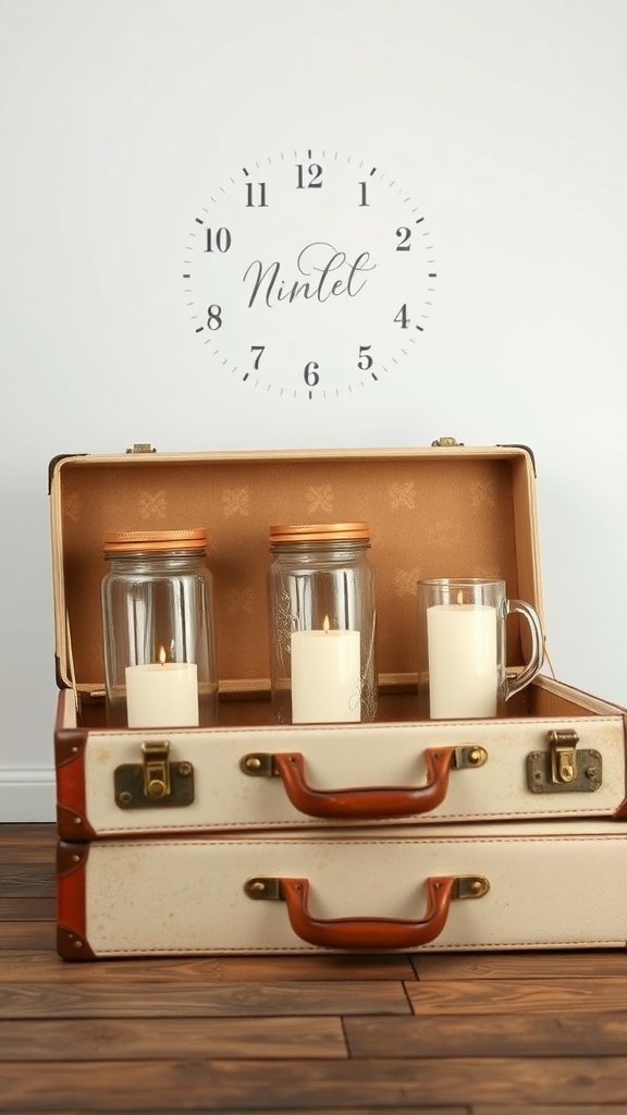 Potes de velas expostos em uma mala vintage
