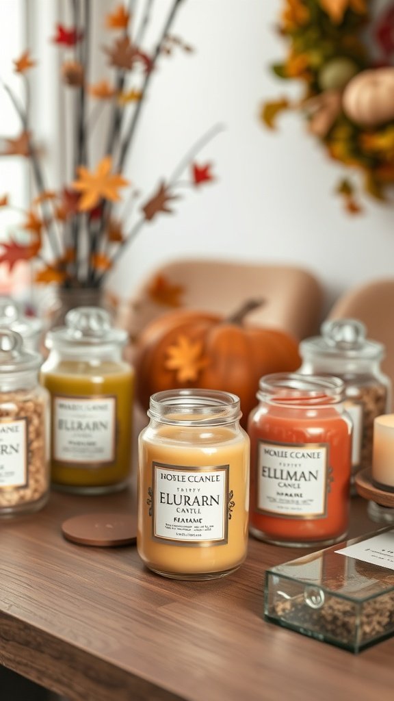 Um arranjo aconchegante de potes de velas com fragrâncias sazonais, incluindo abóbora e canela, cercados por decoração de outono.