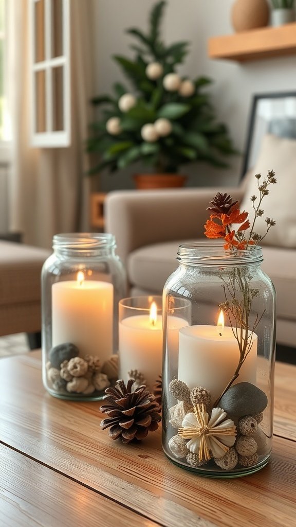 Potes de velas cheios de elementos naturais, como pinhas e pedras, com velas acesas dentro.