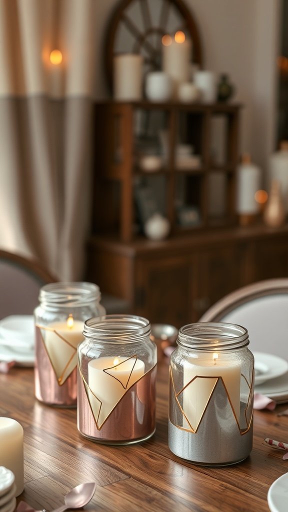 Três potes de velas com detalhes metálicos sobre uma mesa de madeira