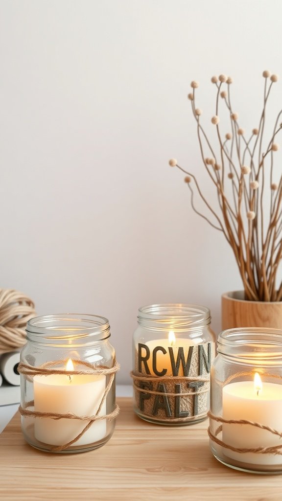 Três potes de vela com barbante e desenhos de letras, contendo velas acesas dentro.