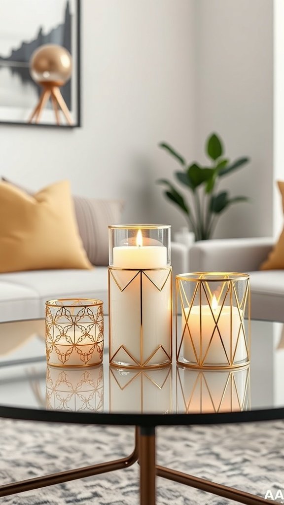 Três potes de velas com desenhos geométricos sobre uma mesa de centro