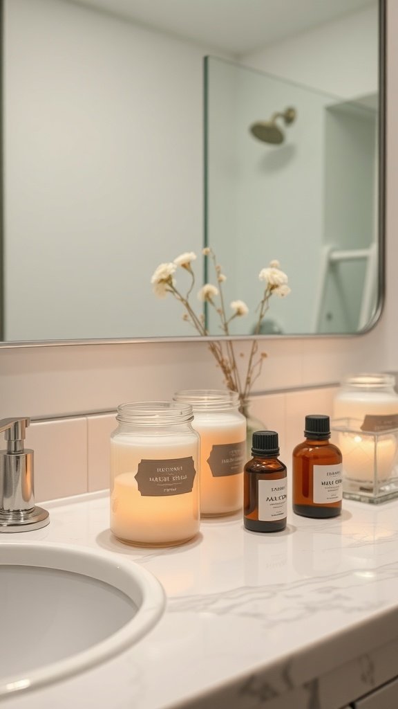 Um balcão de banheiro com potes de velas acesas e óleos essenciais, criando uma atmosfera serena.
