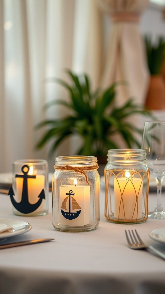 Potes de velas com tema náutico com âncoras e veleiros sobre uma mesa