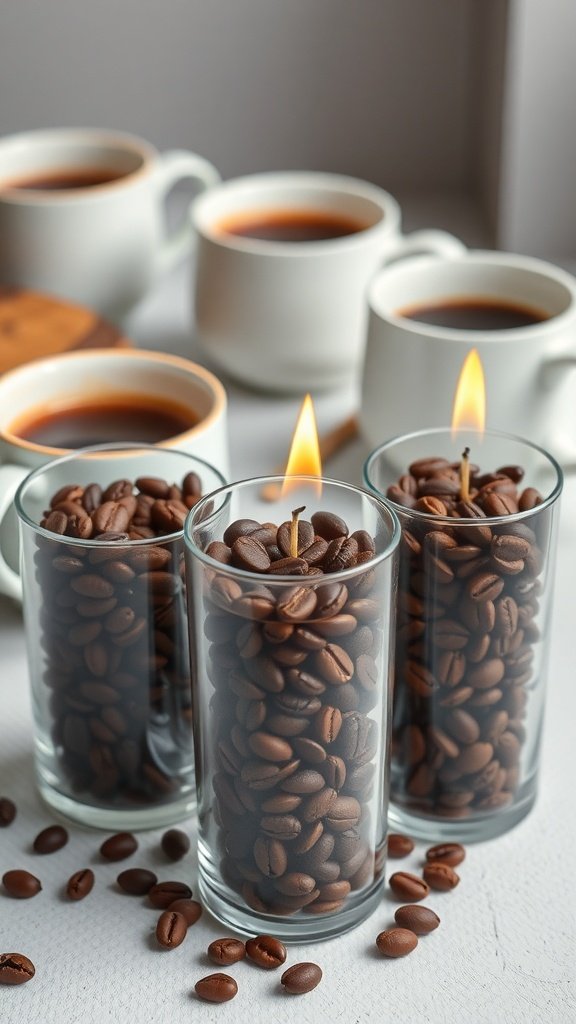 Velas de grãos de café com pavios acesos e xícaras de café ao fundo