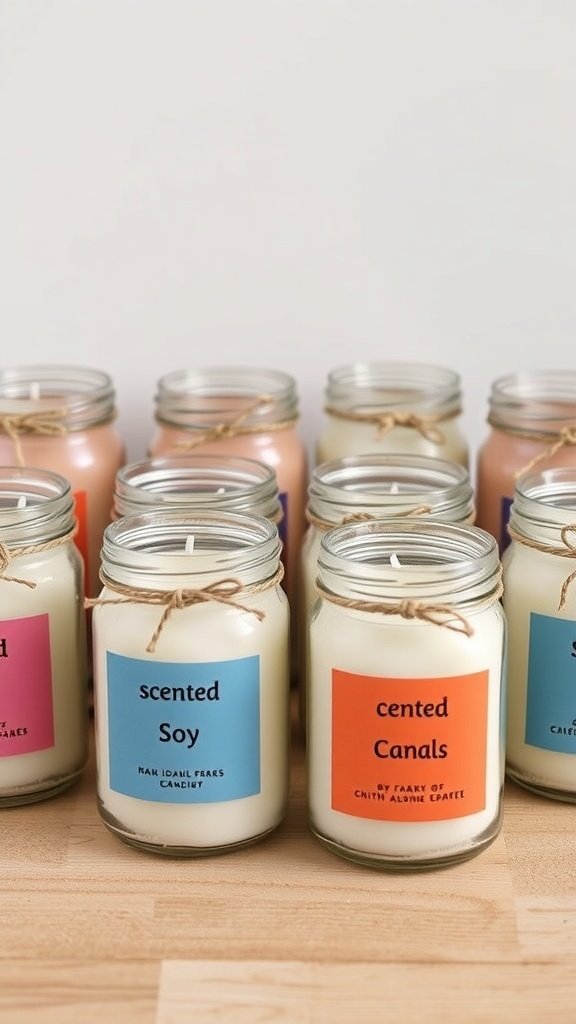 Velas de soja perfumadas em potes de vidro com rótulos coloridos