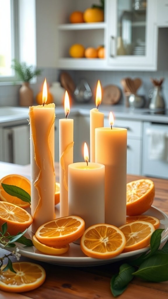 Uma coleção de velas brancas rodeadas por fatias de laranja frescas, criando uma atmosfera acolhedora e convidativa em um ambiente de cozinha.