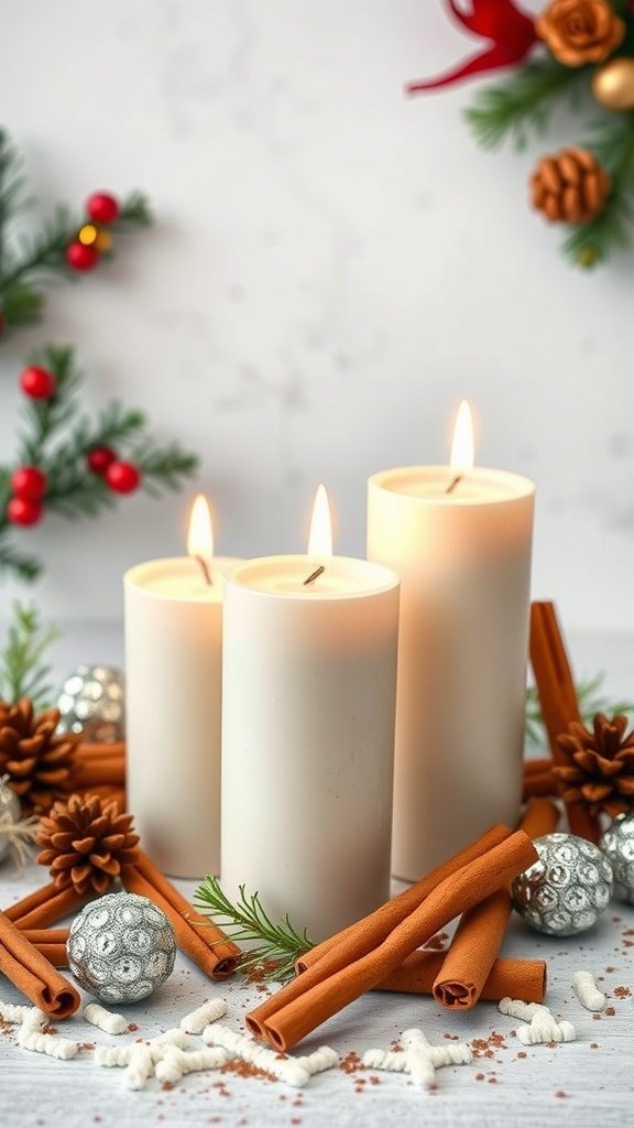 Três velas brancas rodeadas por paus de canela, pinhas e decorações natalinas.