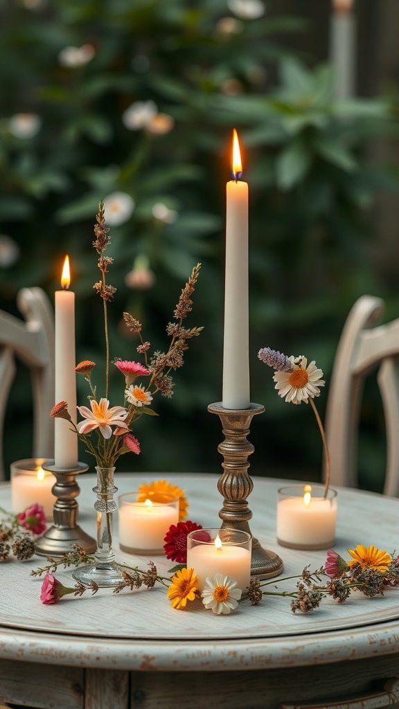Uma coleção de velas florais de jardim sobre uma mesa, com diversas flores e velas acesas.