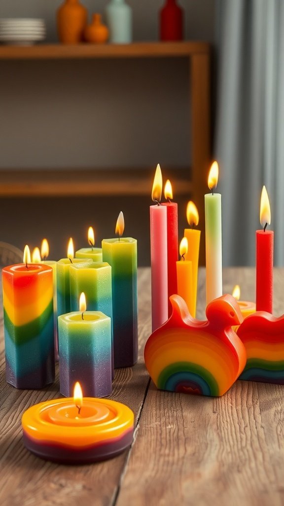 Velas coloridas em camadas de arco-íris, em vários formatos e tamanhos, acesas e colocadas sobre uma mesa de madeira.