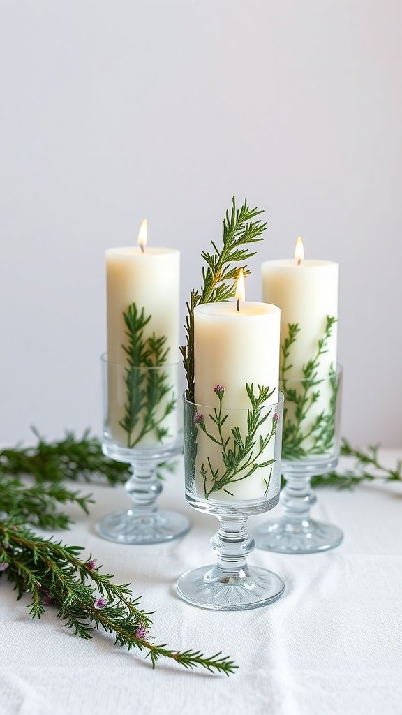 Três velas com infusão de ervas em suportes de vidro, adornadas com ervas frescas.