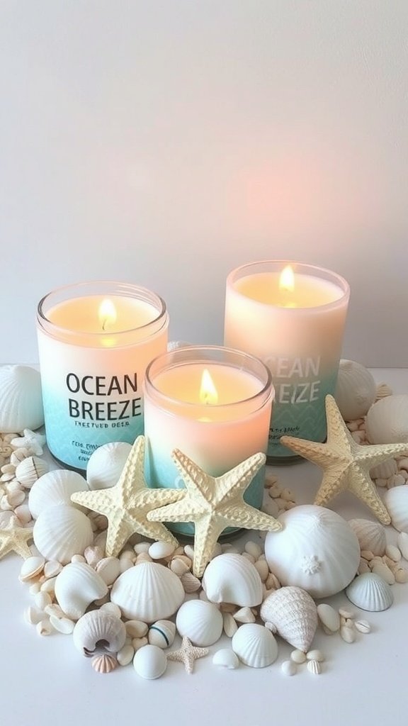 Três velas Ocean Breeze rodeadas por conchas e estrelas do mar