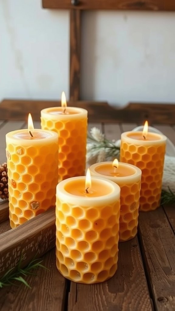 Uma coleção de velas de cera de abelha com textura de favo de mel, acesas e colocadas sobre uma superfície de madeira.