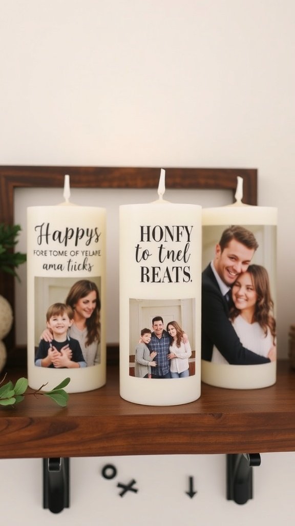 Velas com fotos personalizadas expostas em uma prateleira de madeira, com fotos de família e texto decorativo.