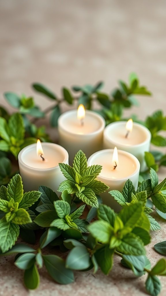Quatro velas brancas rodeadas por folhas de hortelã fresca, criando uma atmosfera relaxante.