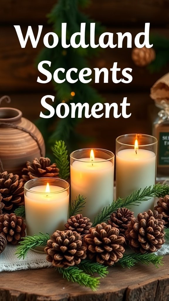 Velas com aroma de floresta rodeadas por pinhas e vegetação