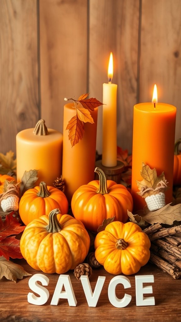 Uma coleção de velas com especiarias de abóbora cercadas por pequenas abóboras e folhas de outono.
