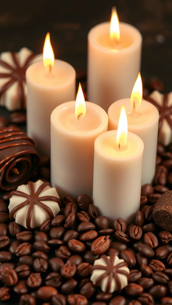 Um arranjo aconchegante de velas com aroma de chocolate cercadas por guloseimas de chocolate e grãos de café.