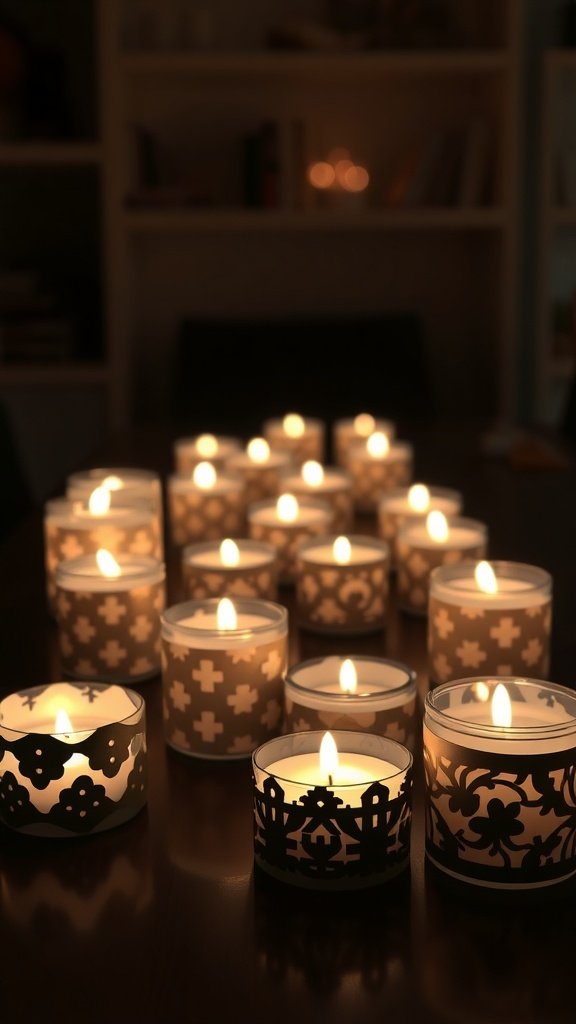 Uma coleção de velas para velas em suportes decorativos, criando uma atmosfera acolhedora e convidativa.