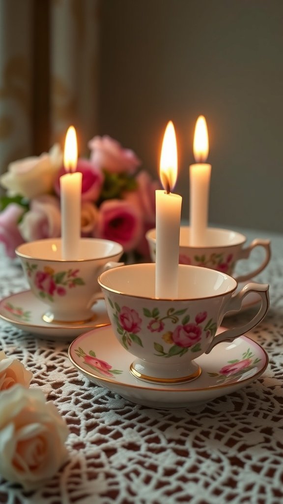 Velas vintage em formato de xícara de chá com velas brancas em xícaras florais, rodeadas de rosas sobre uma toalha de mesa de renda.