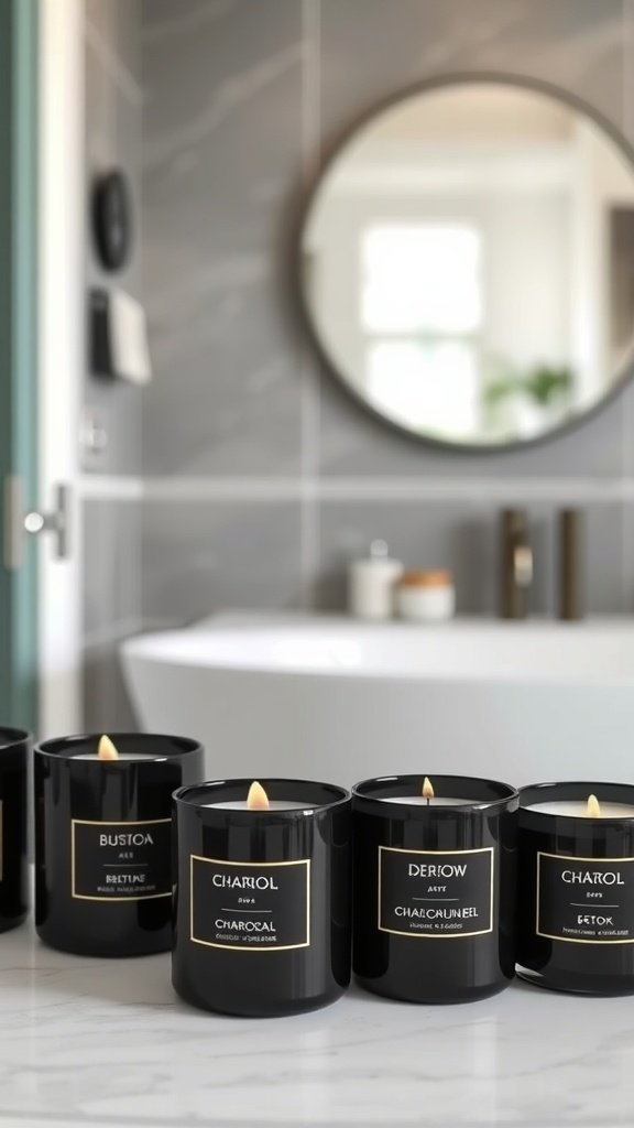 Uma coleção de velas detox de carvão preto expostas no balcão do banheiro.