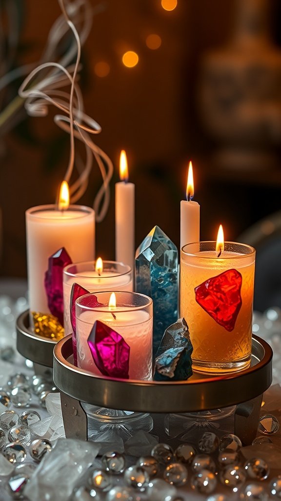 Velas coloridas e perfumadas com cristais incrustados, brilhando suavemente em um ambiente aconchegante.