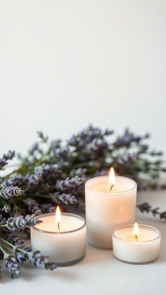 Três velas relaxantes de lavanda com raminhos de lavanda