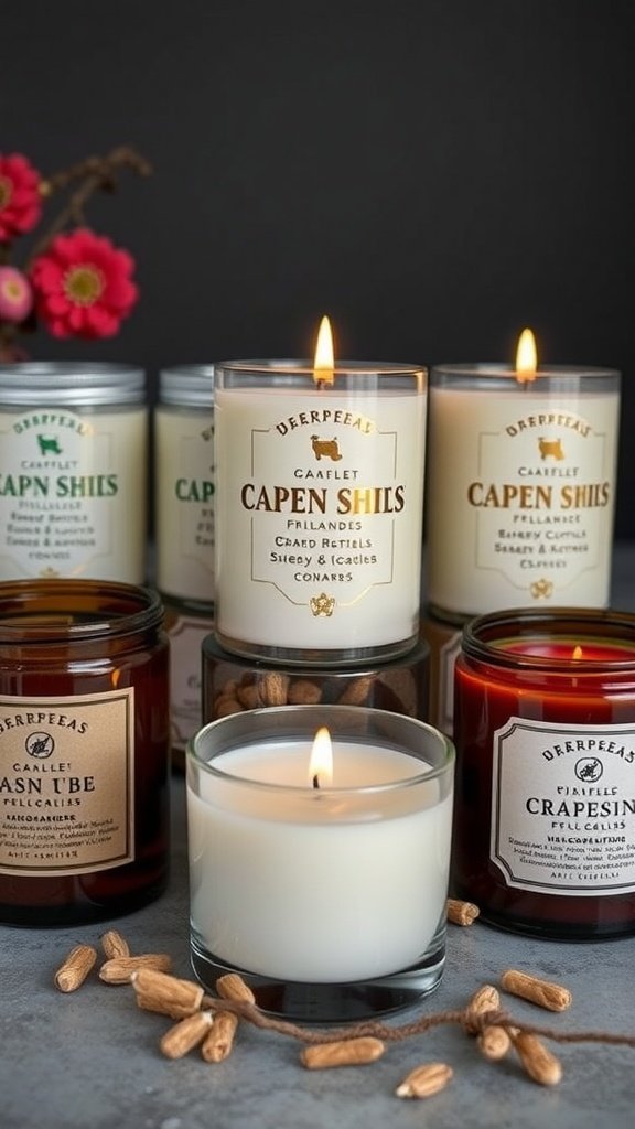 Uma coleção de velas lindamente projetadas com vários aromas e uma atmosfera aconchegante.