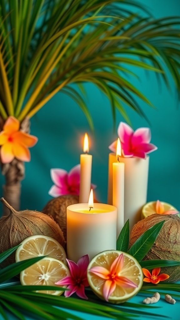 Velas de coco e limão com flores e limões em um fundo colorido