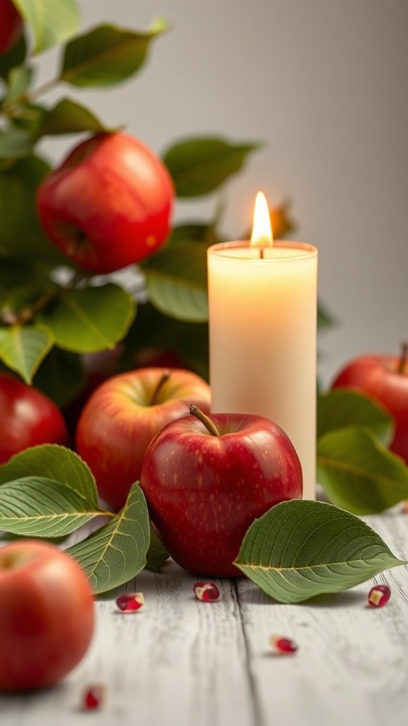 Uma vela acesa cercada por maçãs vermelhas e folhas verdes, evocando o aroma de um pomar de maçãs.