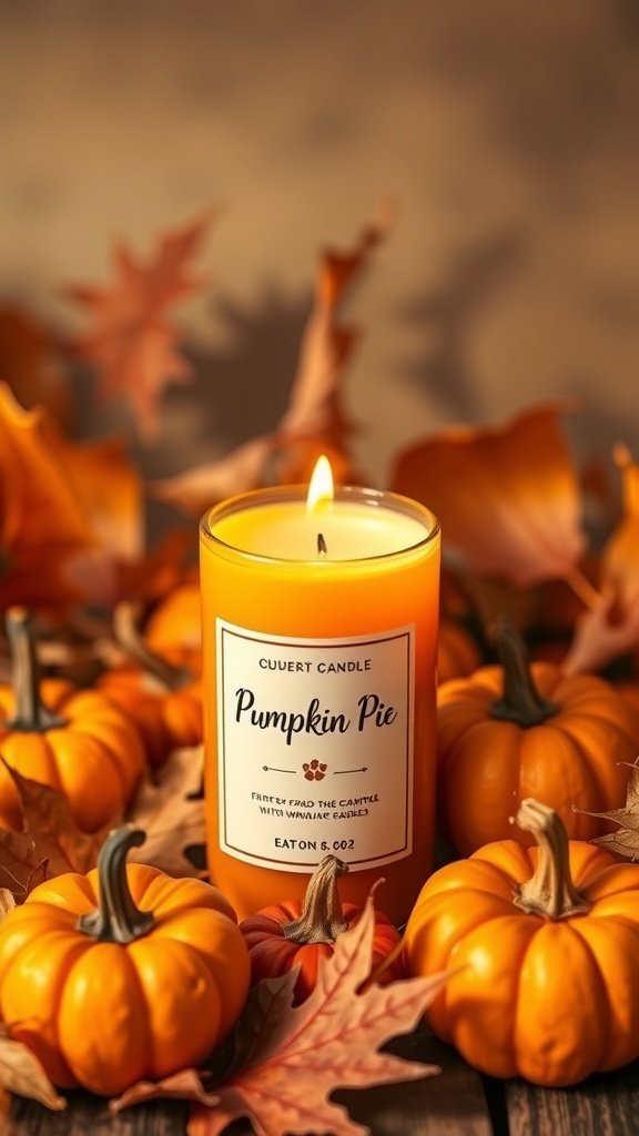 Uma vela com aroma de torta de abóbora cercada por pequenas abóboras e folhas de outono.