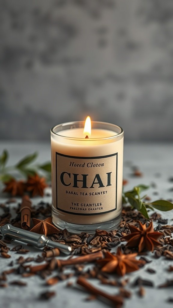 Uma vela com o rótulo "Chai" e especiarias como anis estrelado e canela em pau ao redor.