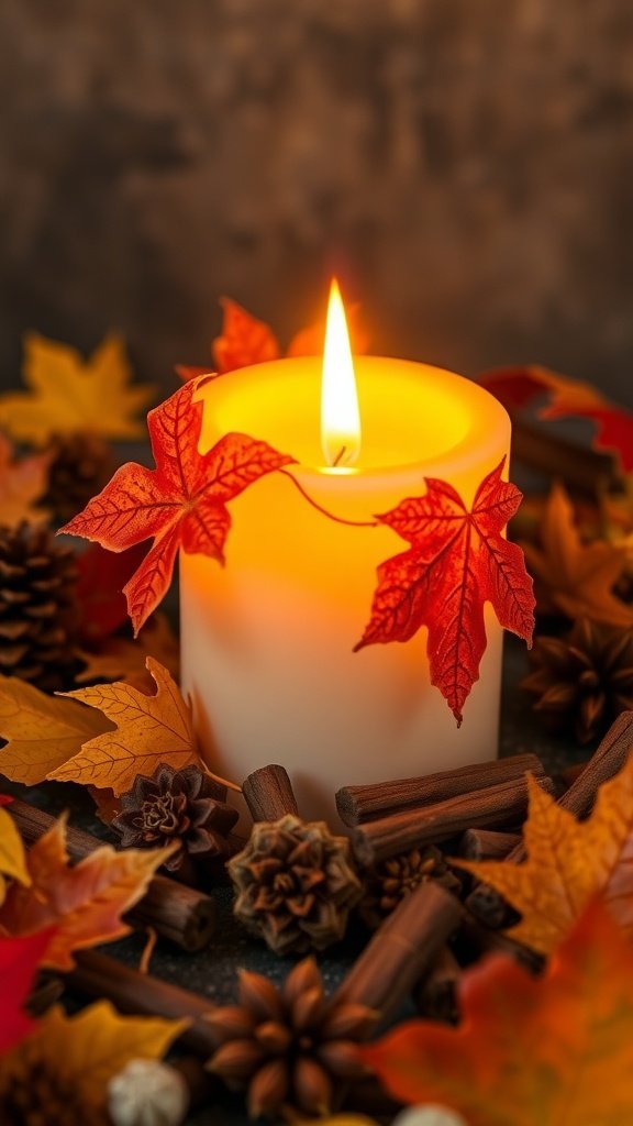 Uma vela cercada por folhas de outono e especiarias, criando uma atmosfera aconchegante de outono.