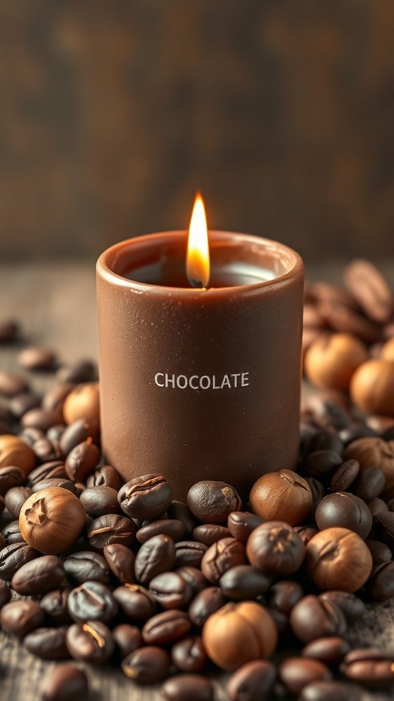 Uma vela com aroma de chocolate rodeada de grãos de café e avelãs, com uma chama quente.